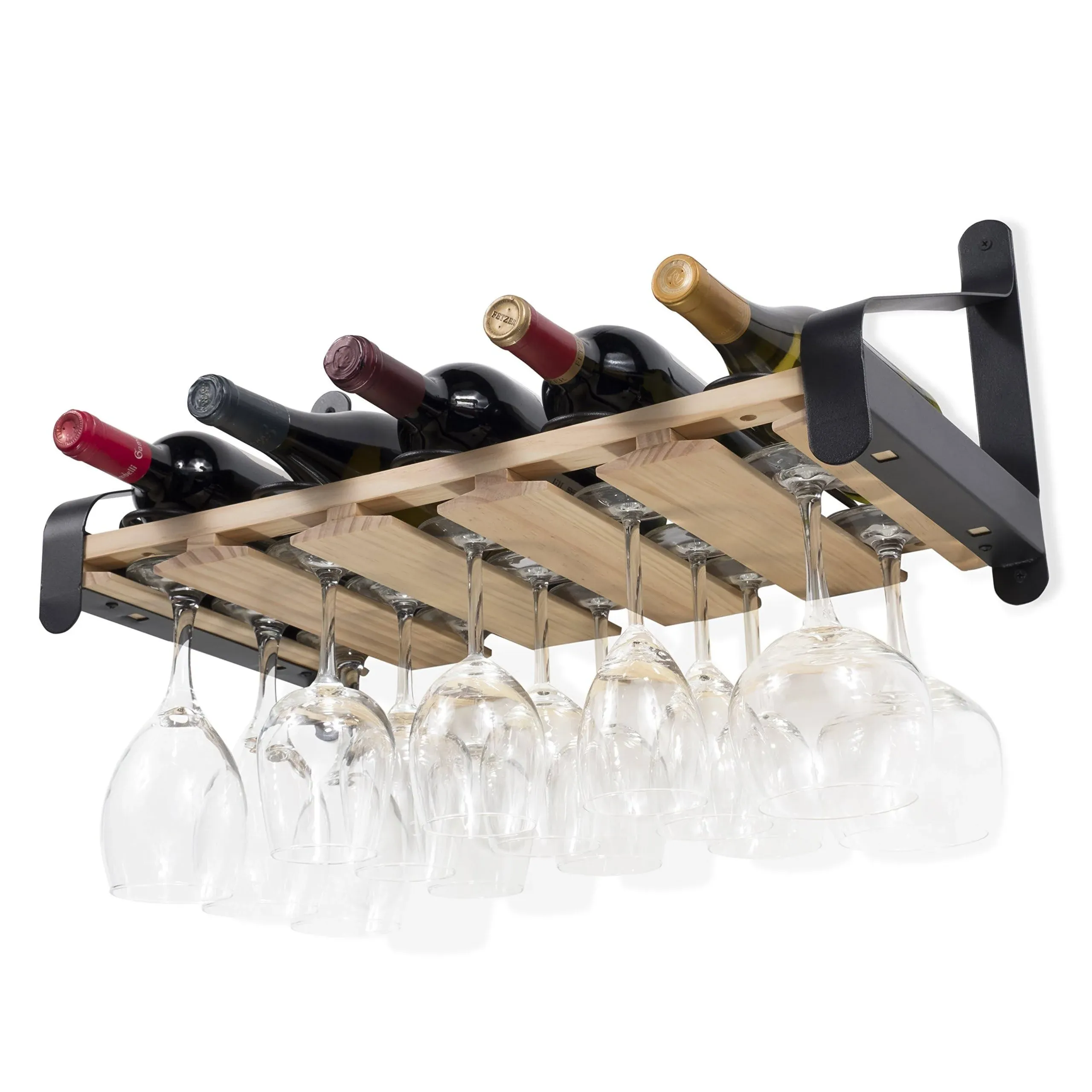 Rustic State Barrel Wall Mount Wood Floating Wine Rack with Glassware Holder Stemware Shelf Organizer for 5 Bottle and up to 15 Glass Storage - Kitchen Dining Room Bar Décor - Natural