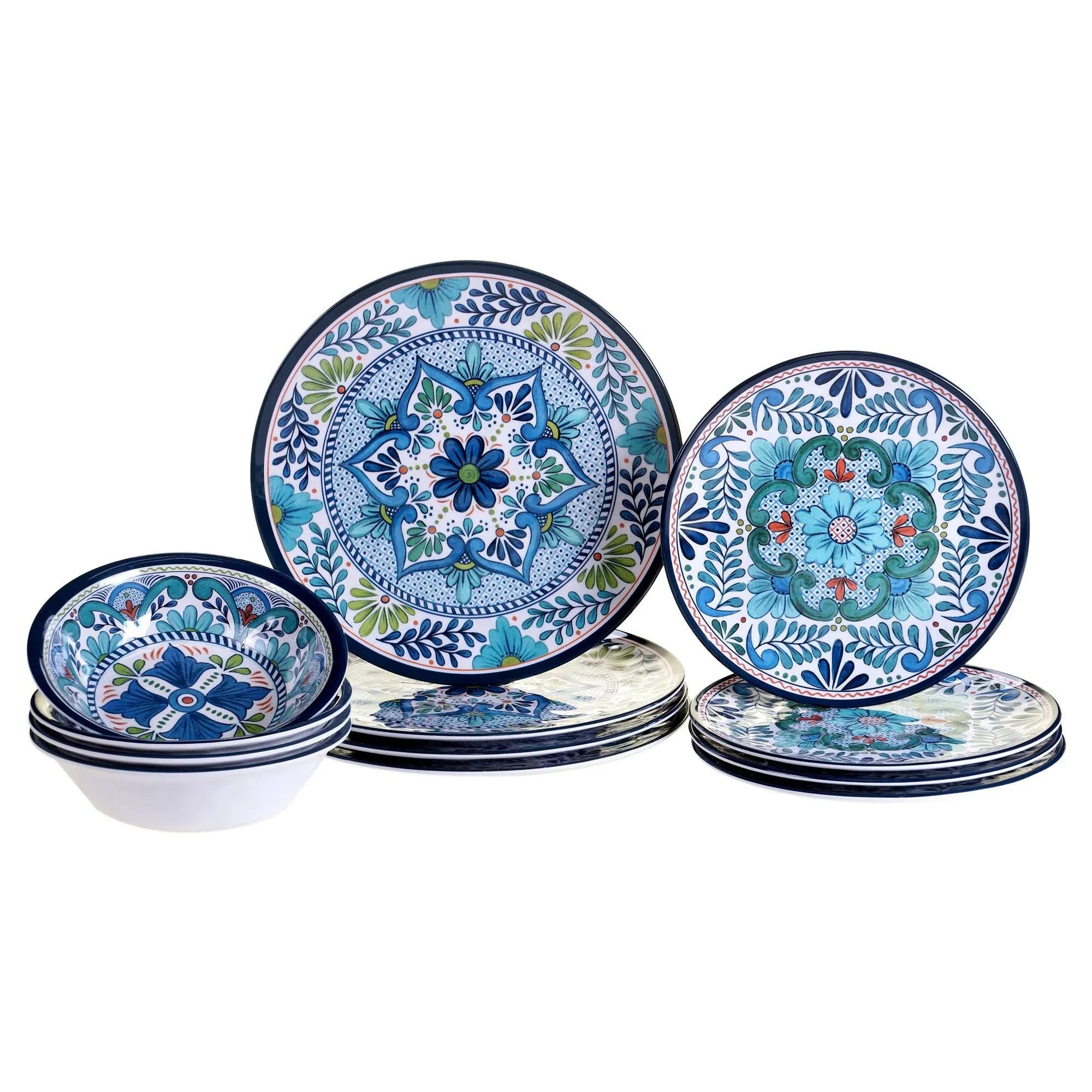 Talavera 12-Piece Country/Cottag<wbr/>e Blue Melamine Dinnerware Set