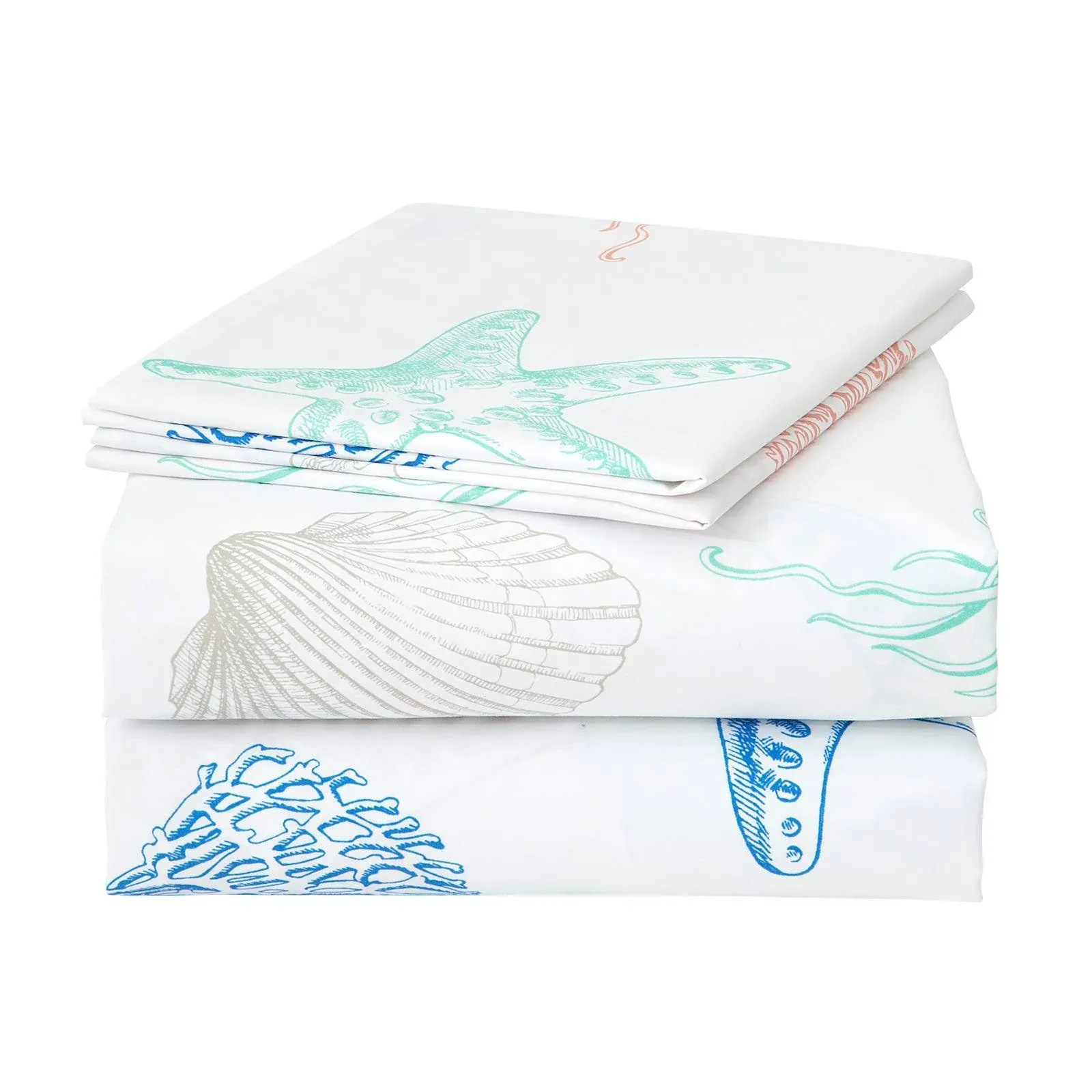 JSD Beach Theme Kids Printed Sheet Set Full, 4 Piece Starfish Jellyfish Coastal Summer Microfiber Bed Sheets Deep Pocket