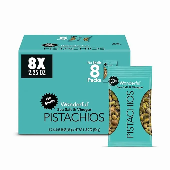 Wonderful Pistachios No Shells, Sea Salt & Vinegar Nuts, 2.25 Ounce Bag (Pack Of 8), Protein Snack, On-the-Go Snack