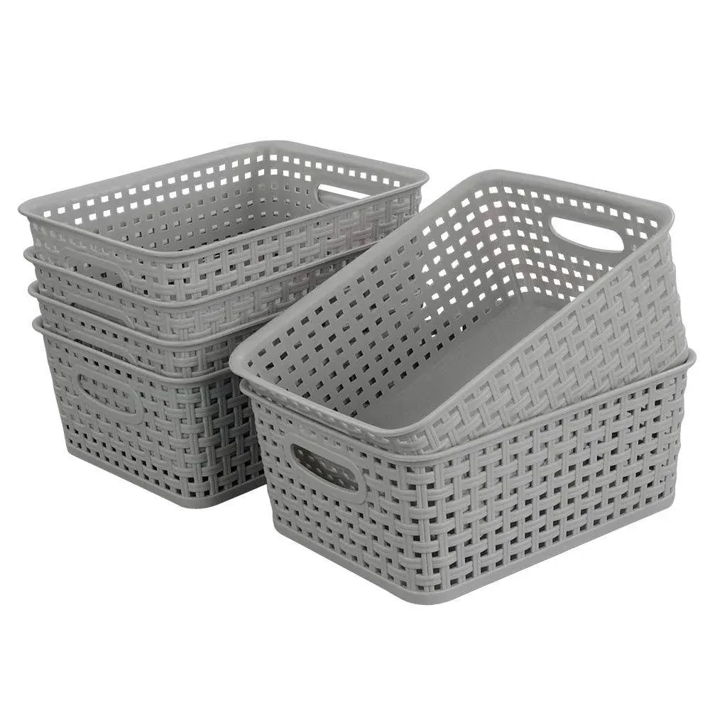 6-pack Grey Woven Plastic Storage Baskets, Organizing Bins