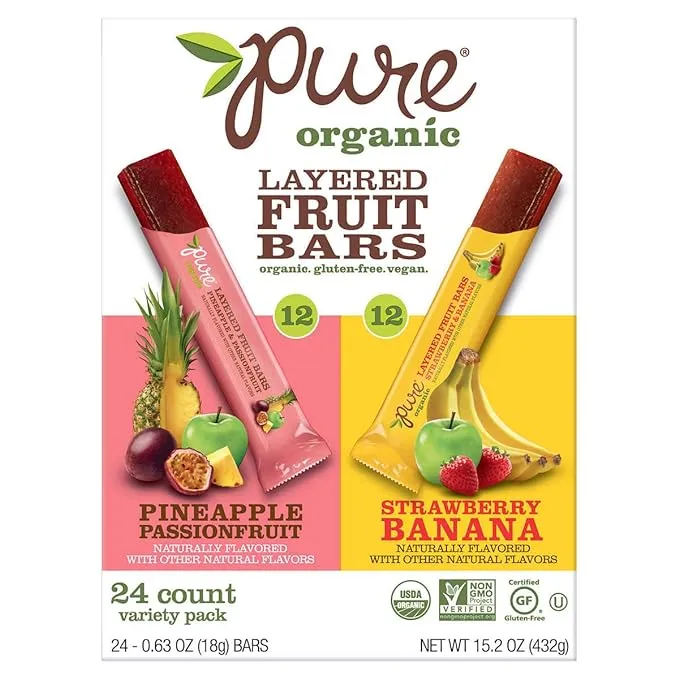 Pure Organic Layered Fruit bar Variety Package, 12 - Pineapple Passionfruit & 12 - Strawberry Banana 0.63 oz (Pack of 24)