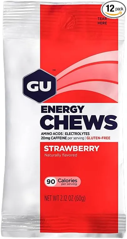 GU Energy Chews, Strawberry Energy Gummies with Electrolytes, 12 Bags (24 Servings Total)