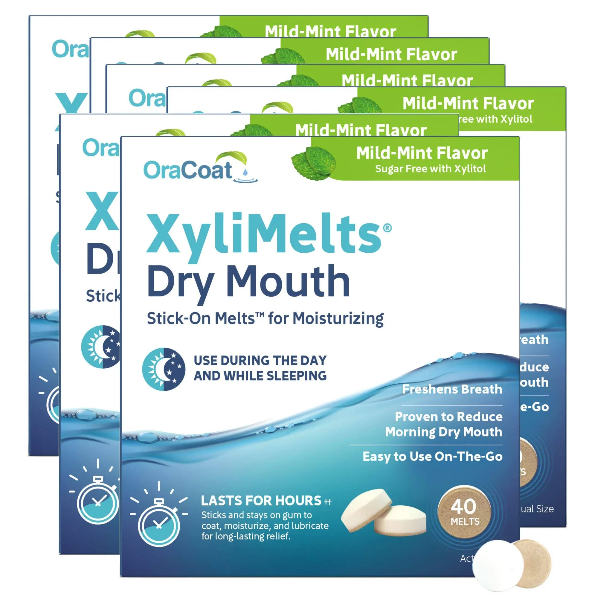 OraCoat XyliMelts Dry Mouth Relief Moisturizing Oral Adhering Discs 40 Count, 6 Pack, Mild Mint with Xylitol, for Dry Mouth, Stimulates Saliva