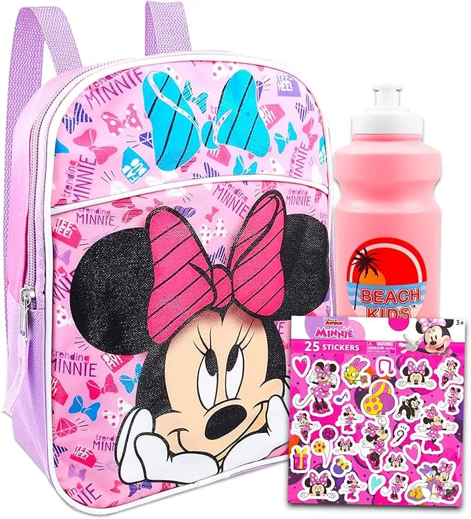 Disney Minnie Mouse Mini Backpack For Girls, Kids ~ 3 Pc Bundle With 12" Minnie School Bag, Water Pouch, Stickers, and More (Minnie Mouse School Supplies Set)