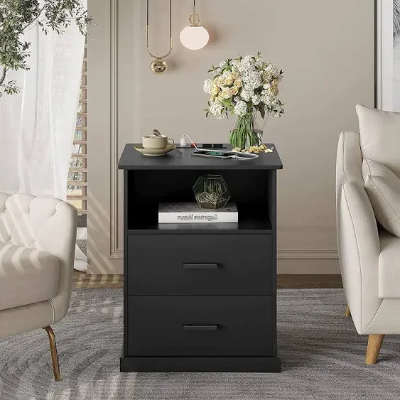 Modern Black Nightstand with Charging Station and 2 Drawers