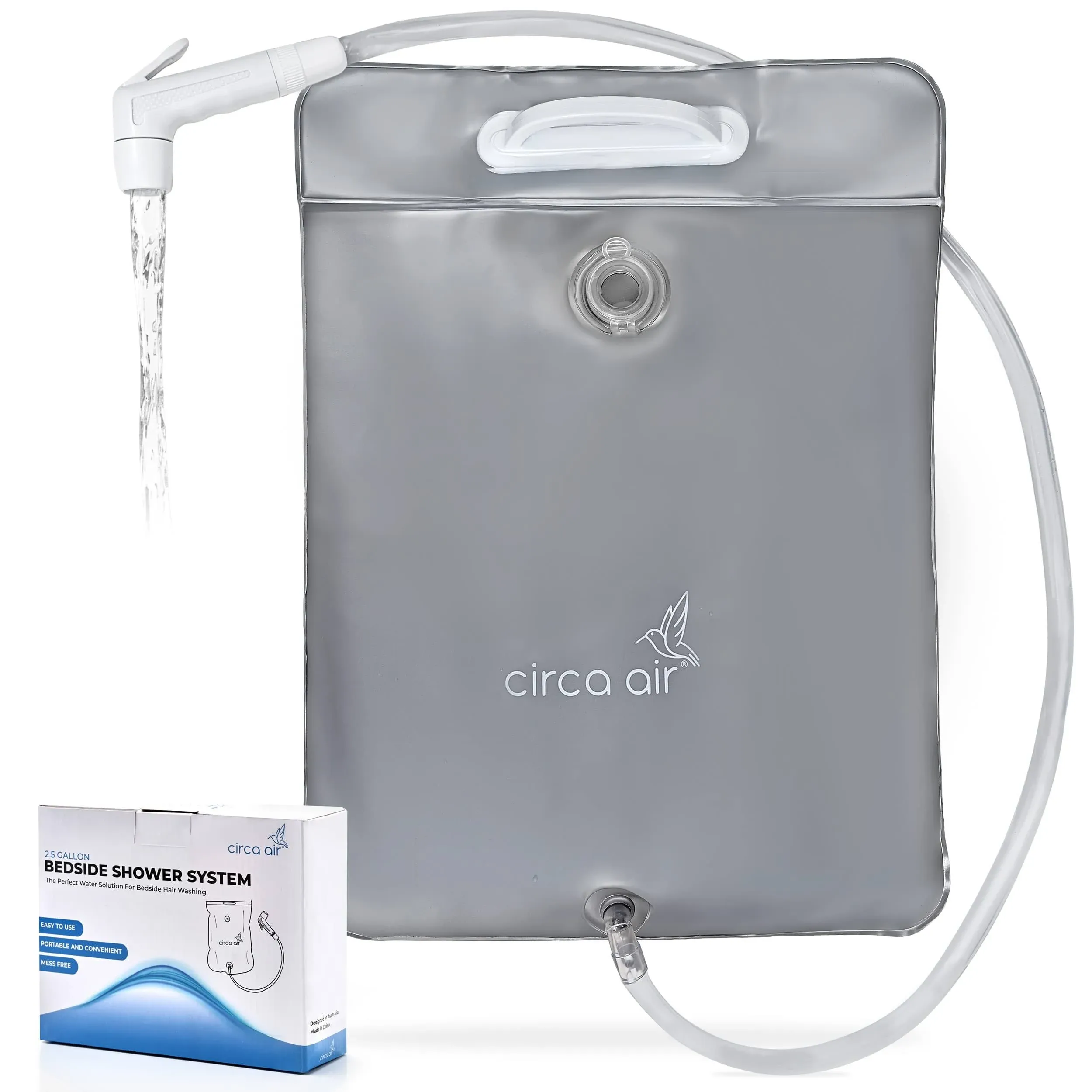 Circa Air Bedside Shower Water Bag (Silver) - 2.5 GL Portable Water Shower Bag for Hair Washing in Bed. Use with Inflatable Hair Washing Basin, Infla