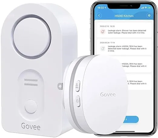 Govee WiFi Water Sensor, 100dB Adjustable Audio Alarm and Smart App Alerts, Leak and Drip Alert with Email, Detector for Home, Basement(Not Support 5G WiFi)