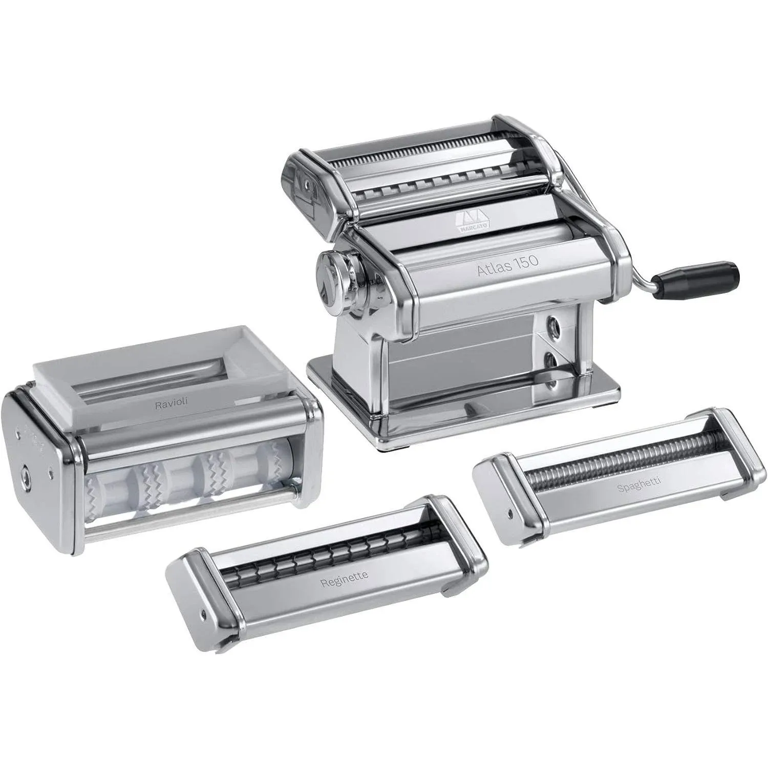 MARCATO Made in Italy PASTASET Pasta Machine Gift Set, Chrome Steel. Includes Atlas 150 Pasta Machine, Ravioli & Spaghetti Attachments.