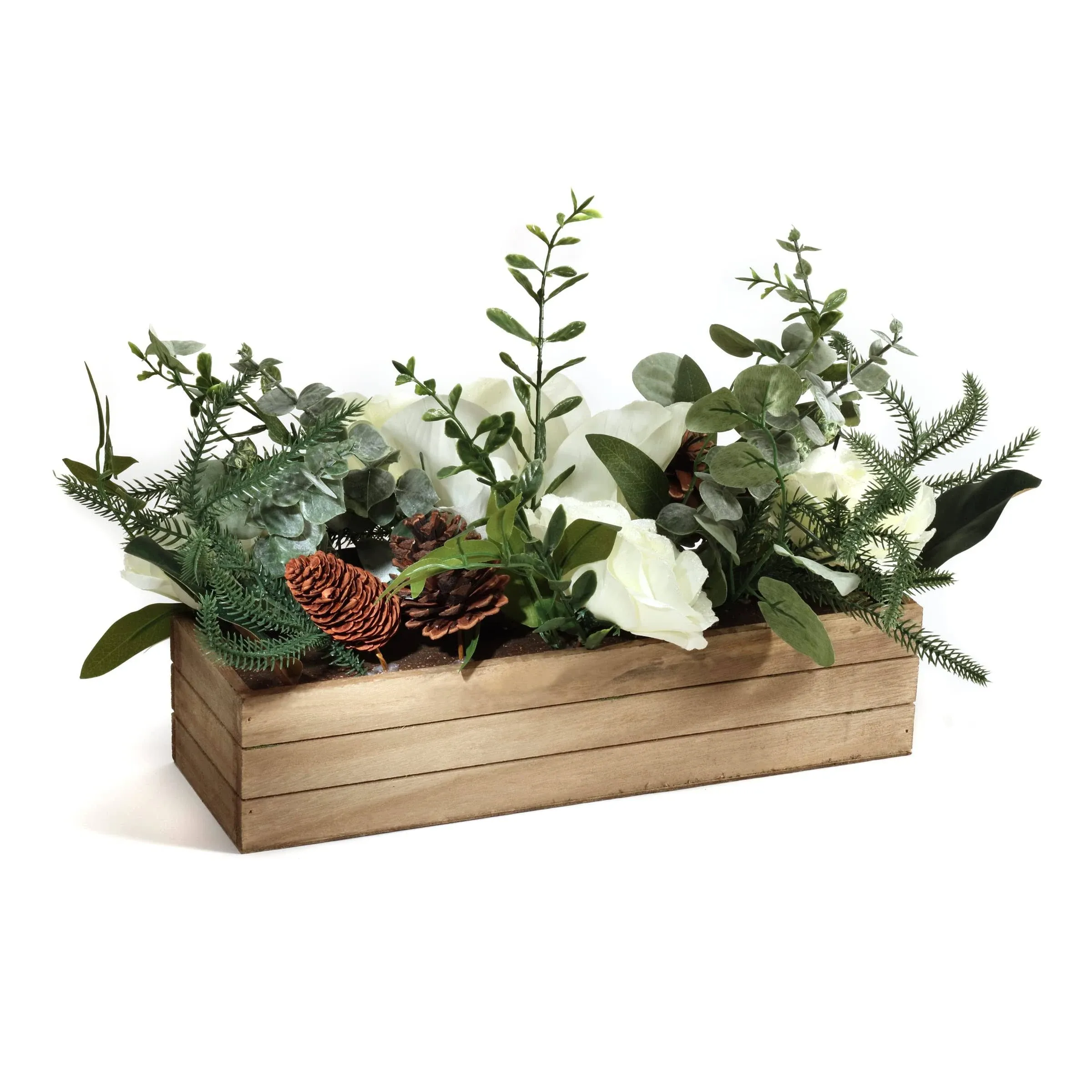 National Tree Company 23 Rectangular Christmas Wooden Box Centerpiece with Mixed Leaves, Magnolia, Rose and Cone