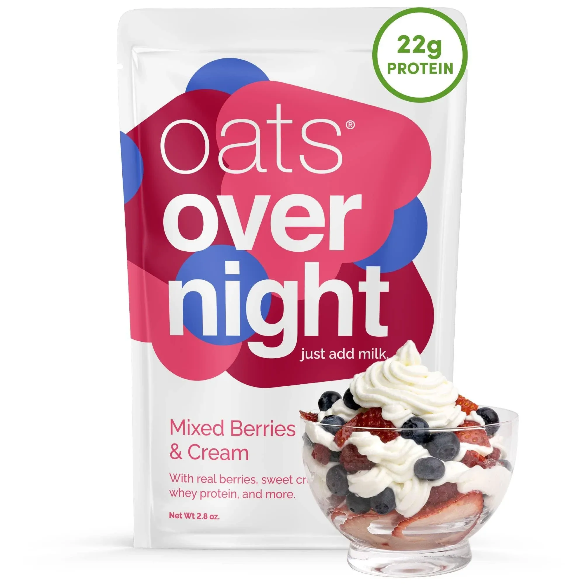 Oats Overnight Mixed Berries & Cream - Overnight Oats with 22g Protein, High Fiber Breakfast Protein Shake - Gluten Free Oatmeal, Non GMO High Protein Oatmeal (2.8 oz per meal) (8 Pack)