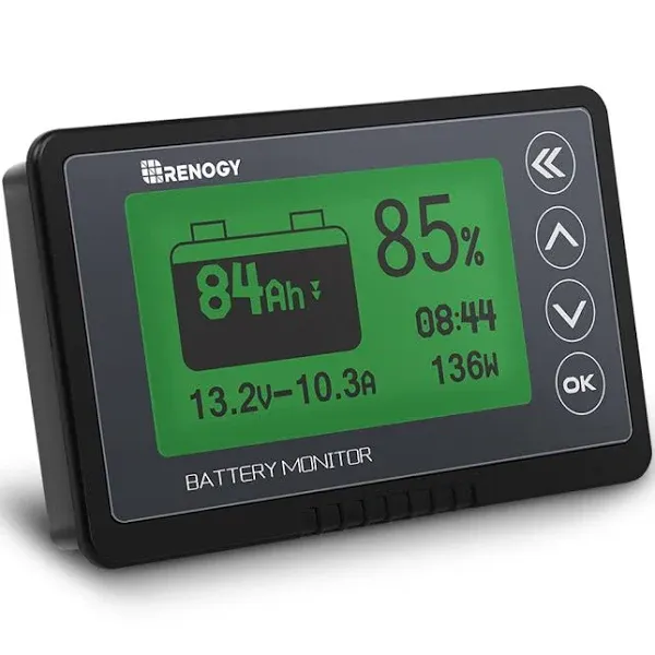 Renogy 500A Battery Monitor with Shunt, High and Low Voltage Programmable Alarm, Range 10V-120V up to 500A, 20ft Shielded Cable, Compatible 12V Lithium Sealed, Gel, Flooded Batteries,Black