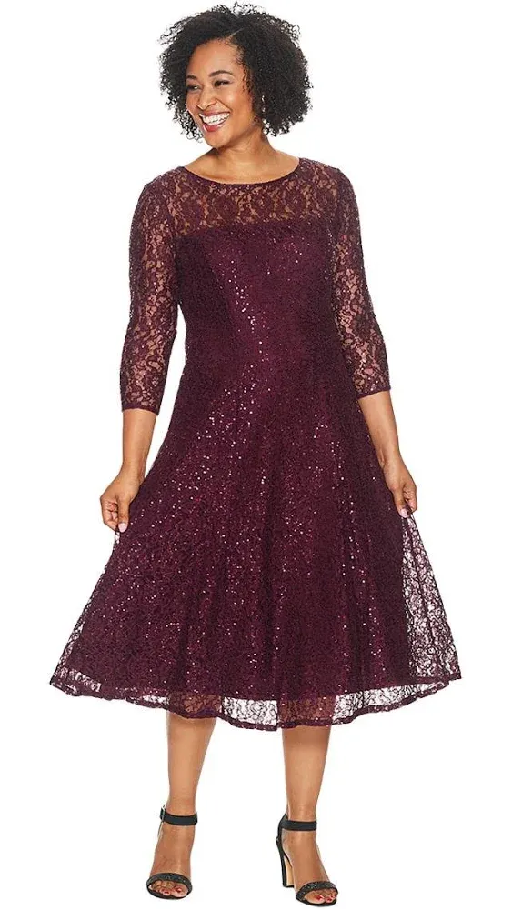 S.L. Fashions Women's Tea Length Three Quarter Sleeve Sequin Lace Dress