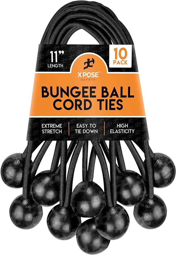 Xpose Safety Bungee Ball Cords 9" 100 Pack Heavy Duty Black Stretch Rope with Ball Ties for Canopies, Tarps, Walls, Cable Organization