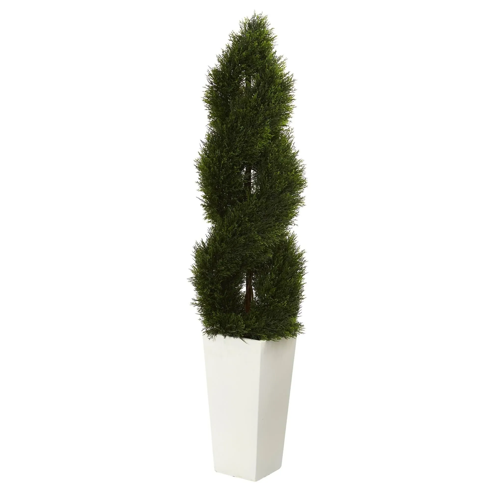 nearly natural 5.5-ft. UV Resistant Double Pond Cypress Spiral Topiary Artificial Tree in White Tower Planter