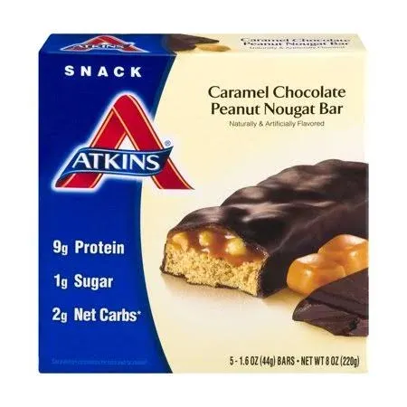 Atkins Caramel Chocolate Peanut Nougat Snack Bar, Protein Snack, High in Fiber, 2g Sugar, Keto Friendly, 5 Count