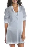 Island Fare Resort Long Sleeve Crinkled Cover-up Shirtdress In White