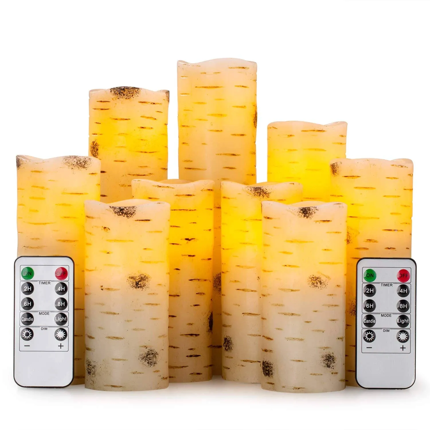 Flameless Flickering Candles with Birch Bark Effect LED Candles 4"/5"/6"/7"/8"/9" Set of 9 Battery Candles Real Wax Pillar with 10-Key Remote Control - 2/4/6/8 Hours Timer