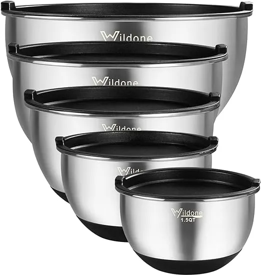 Wildone Mixing Bowls with Airtight Lids, Stainless Steel Nesting Mixing Bowls Set of 5, with Non-slip Silicone Bottoms, Size 8, 5, 3, 2, 1.5 QT, Stackable Design, Great for Mixing and Prepping