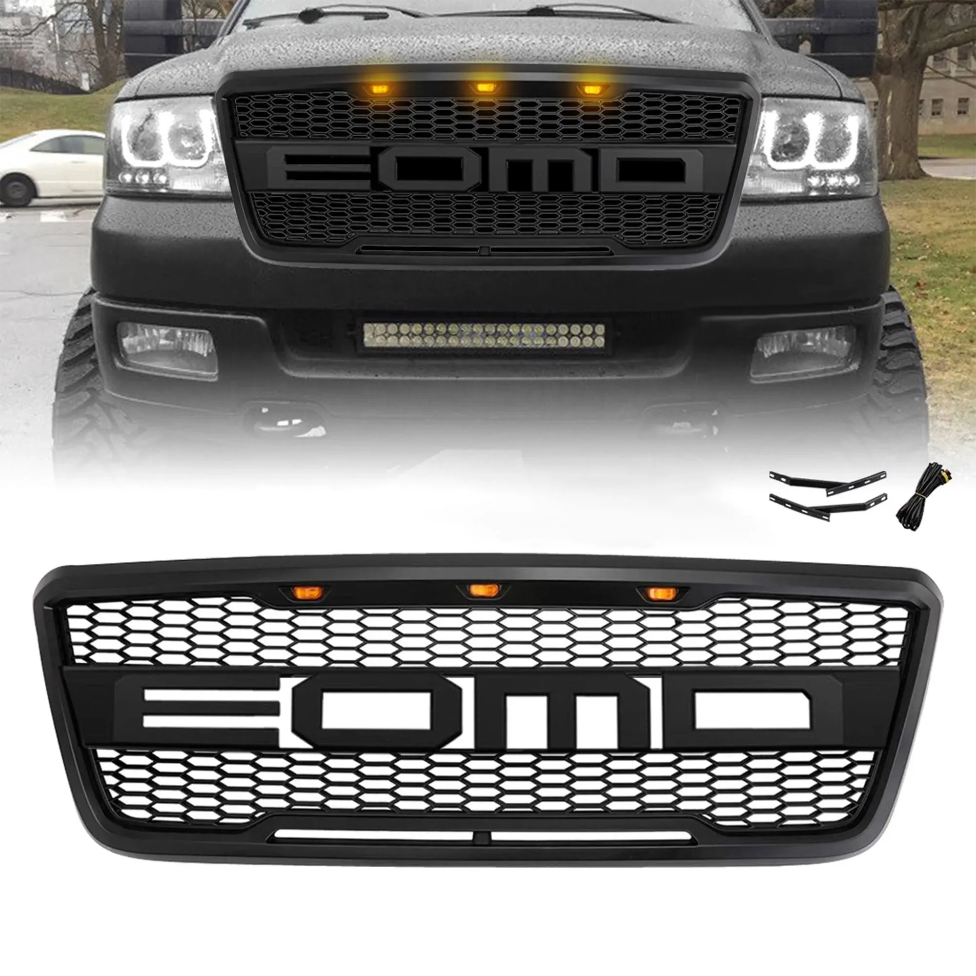 AMERICAN MODIFIED Front Grille Compatible with 2004-08 Ford F150, Mesh Replacement Grill w/LEDs, Matte Black