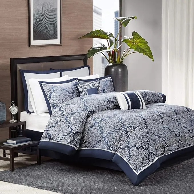 Madison Park - Medina 8 Piece Jacquard Comforter Set - Cal King - Navy