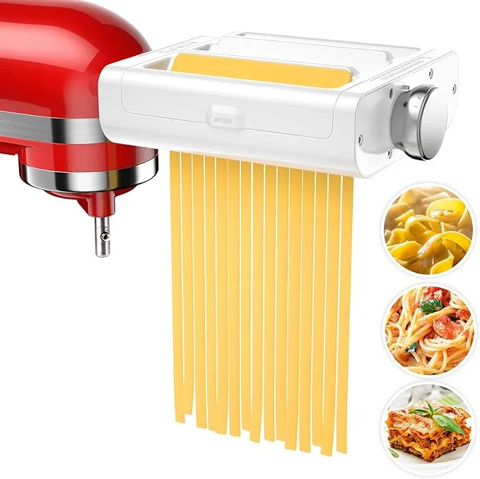 Pasta Maker Accessories for KitchenAid Mixers - 3 in 1 Set KitchenAid Stand Mixer Attachments Including Pasta Roller, Spaghetti,Fettuccine Cutter, 8 Adjustable Thickness Settings for KitchenAid