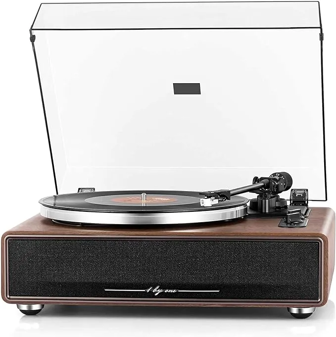 1 by ONE High Fidelity Belt Drive Turntable with Built-in Speakers, Vinyl Record Player with Magnetic Cartridge, Bluetooth Playback and Aux-in Functionality, Auto Off