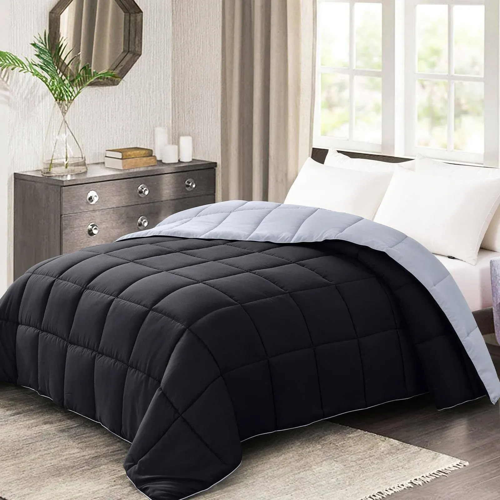 Homelike Moment Lightweight King Comforter - Black Down Alternative Bedding King Size Comforters, All Season Duvet Insert Quilted Reversible Bed Comforter Soft Cozy King Size Black/Light Grey