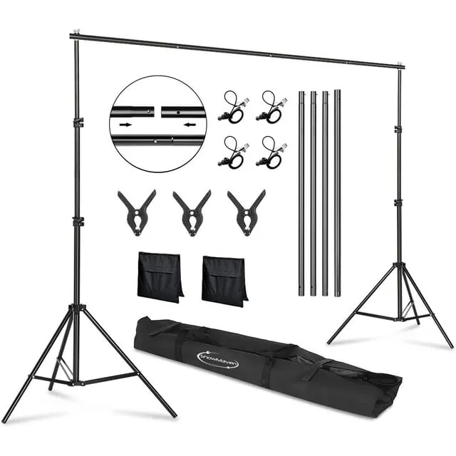 Backdrop Stand, 6.4ft x 10ft Adjustable Photo Background Stand with Carry Bag for Photography Photo Video Studio, Baby Shower, Birthday Party (6.4ftx10ft)