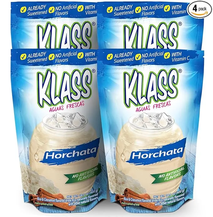 Klass Aguas Frescas | Drink Mix | Horchata | Flavors From Natural Sources, No Artificial Flavors, With Vitamin C (Makes 7 to 9 Quarts) 14.1 Oz Family Pack (4-Pack)