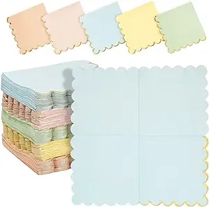 Sparkle and Bash Scalloped Rainbow Napkins with Gold Foil - Rainbow Unicorn Party Decorations - Scalloped Paper Napkins in 5 Pastel Colors - 5 Inch Scalloped Napkins Disposable (150 Pack)