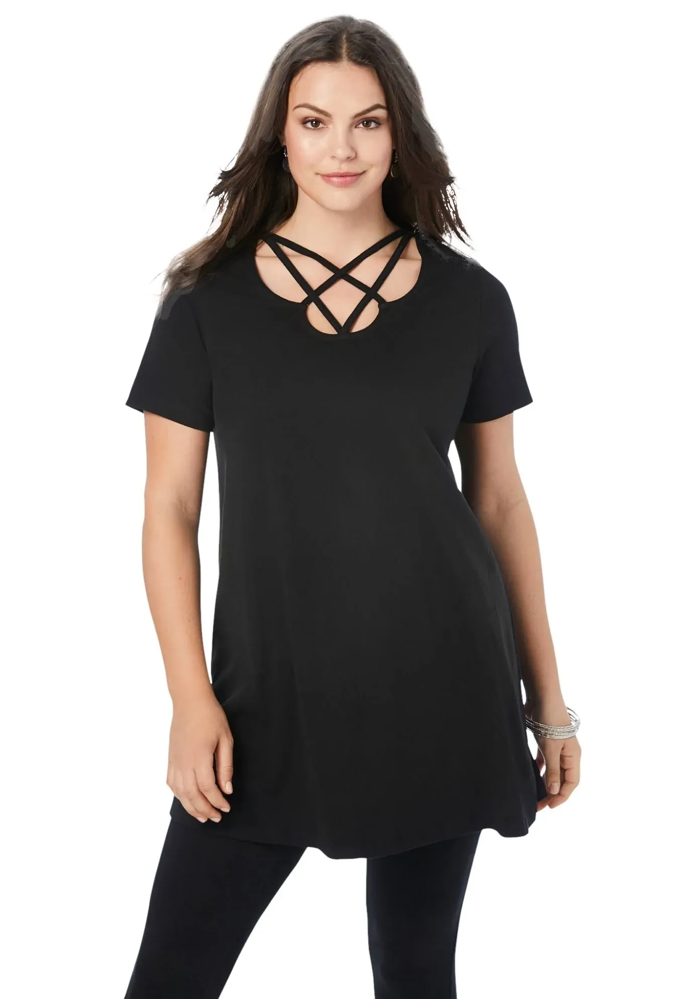 Roaman's Women's Plus Size Lattice-Neck Short Sleeve Ultimate Tunic