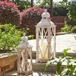 Glitzhome Farmhouse Wood Metal Lanterns Decorative Hanging Candle Lanterns White Set of 2 (no Glass)