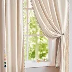 Pom-Pom Cream Velvet Curtain 84inches Long Window Drapes for Living Room Cotton Feel Soft Ivory Window Curtains for Bedroom Hotel Guest Room 42" W 2Panels