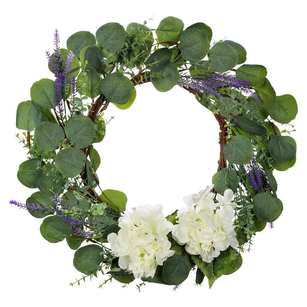 18" Eucalyptus Wreath for Front Door Artificial Lavender Summer Wreaths with Green Leaf Farmhouse Flower Wreath with White Silk Hydrangeas for Wall