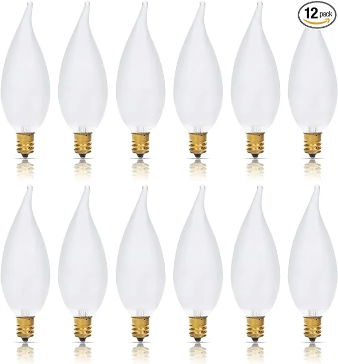 Simba Lighting Candelabra Flame Tip Frosted CA10 40W E12 Base (12 Pack) Decorative Incandescent Light Bulbs 120V for Chandeliers, Ceiling Fan Lights, Pendants, Wall Sconces, Dimmable, Warm White 2700K