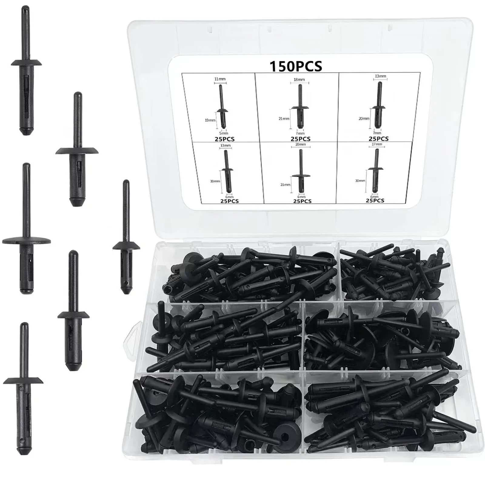 150PC Automotive Rivets Kit, Pop Rivet Fasteners Assortment, Blind Plastic Rivets Clip for GM Ford Chrysler VW, 6 Size