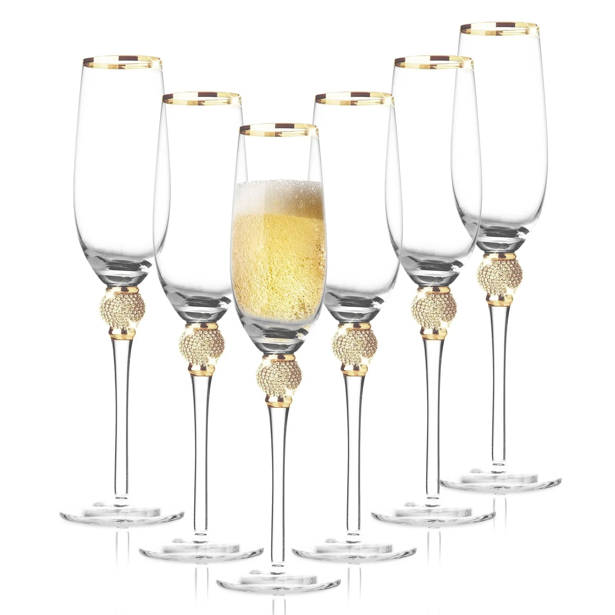 Premium Champagne Flutes - Crystal Champagne Glasses with Gold Rim & Gold Dazzling Rhinestone Design - 9oz each (Set of 6)