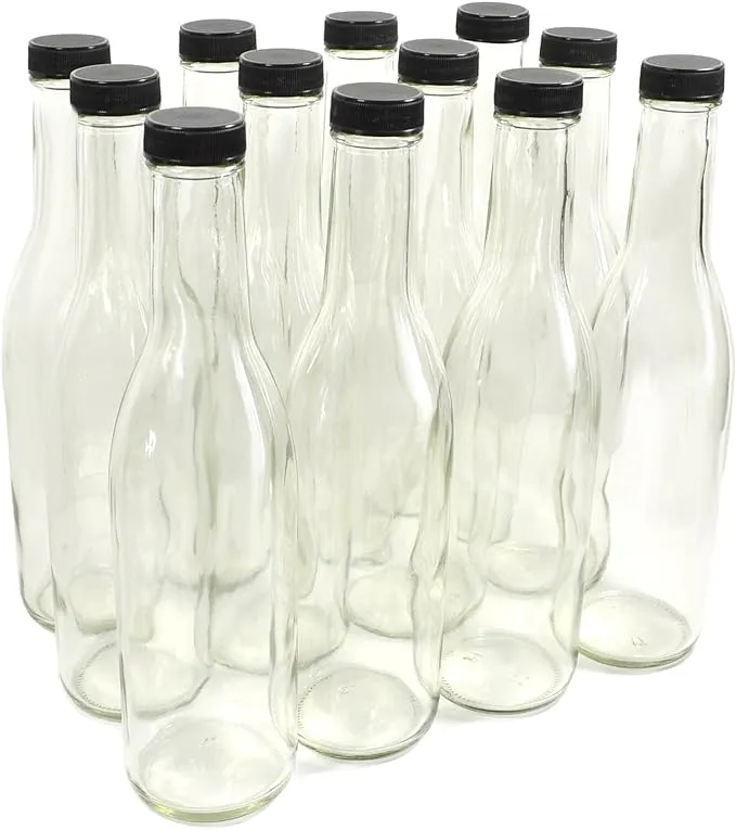 nicebottles - Clear Glass Woozy Bottles, 12 Oz (375ml) - Case of 12 Lovely Bottles Packed in Sturdy Box with 15 Black Screw Caps (Yes, That's 3 Extra Caps!)