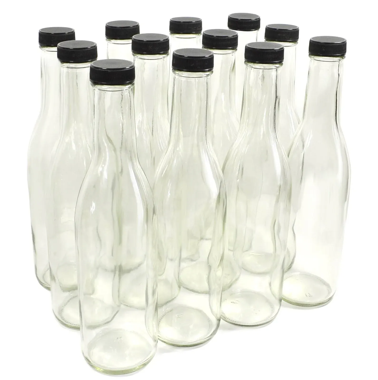 nicebottles Clear Glass Beverage/Sauce Bottles, 12 Oz, White Caps - Case of 12