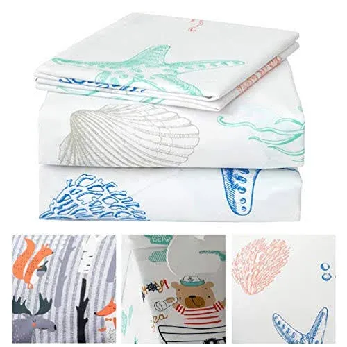 Beach Theme Kids Printed Sheet Set Twin Deep Pocket, 3 Piece Soft Starfish Jelly