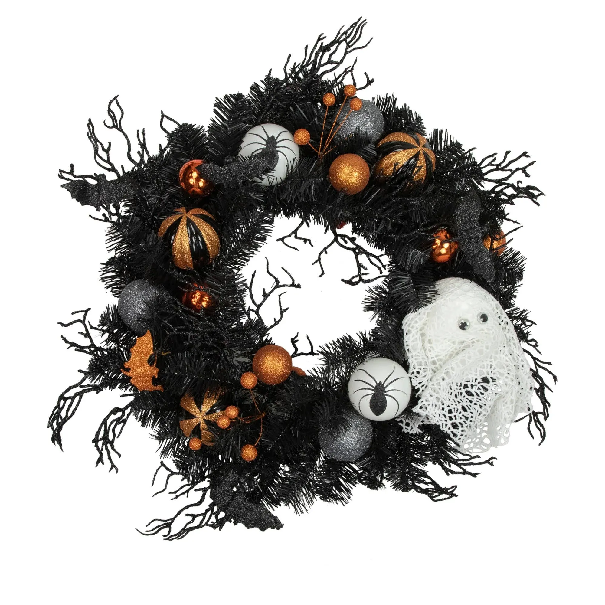 Northlight Ornaments and Ghost Halloween Twig Pine Wreath - 24" - Orange and Black - Unlit