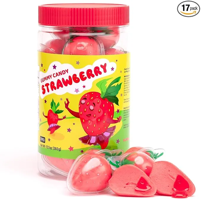 Gummy Candy - Large Jelly Filled Gummies - Strawberry Candies Filled with Starwberry Jam - 17 Pcs Individually Wrapped Candy Gummies in Jar - 1.18