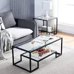 Btrpily Black Metal Glass Coffee Table - Simple Center Coffee Table for Living Room Home, Metal Frame Coffee Table with 2 Shelves,Modern Table for