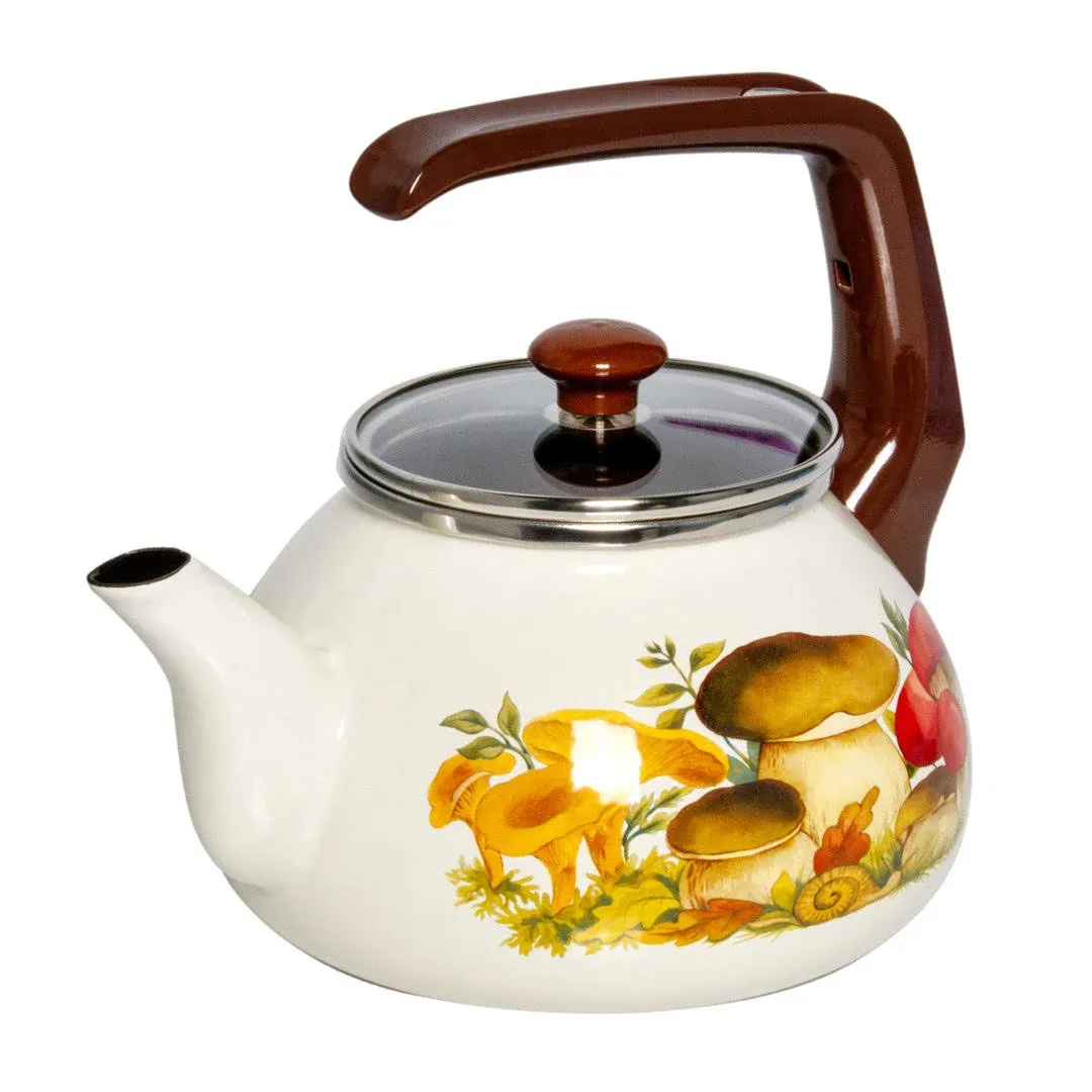 Enameled Aluminum Tea Kettle Mushrooms Enamel Kettle 2.3-qt. (2.2 L) Hot Water TeaKettle pot for Stovetop Teapot Ideal for Camping