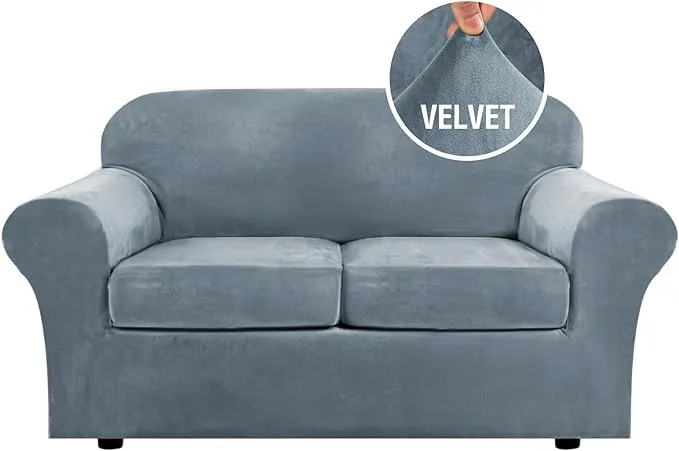 H.VERSAILTEX Real Velvet Plush 3 Piece Stretch Sofa Covers Couch Covers for 2 Cushion Couch Loveseat Covers Width Up to 72 Inch Feature Thick Soft Stay in Place (Medium Sofa, Deep Teal)