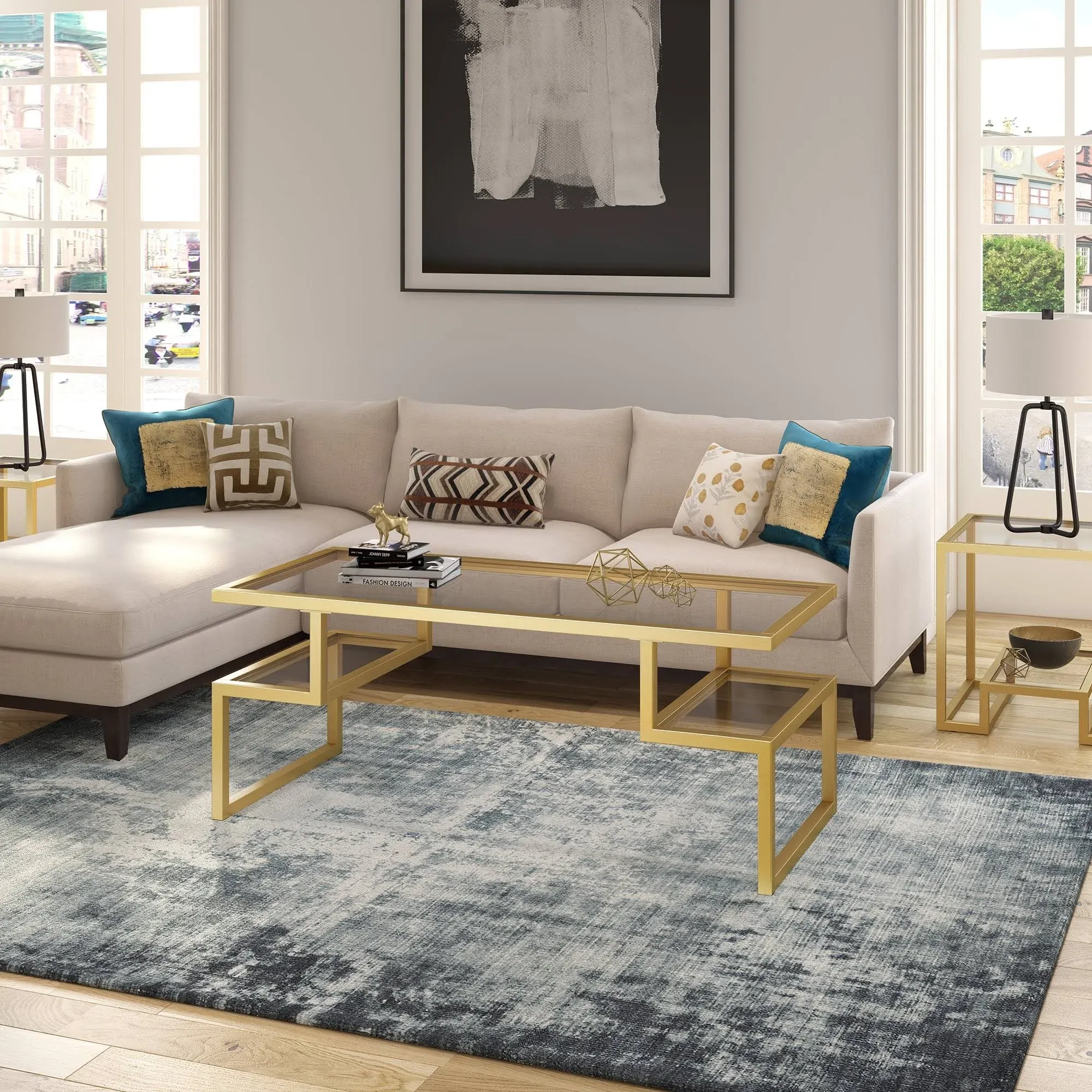 Zander 45'' Wide Rectangular Coffee Table in Brass