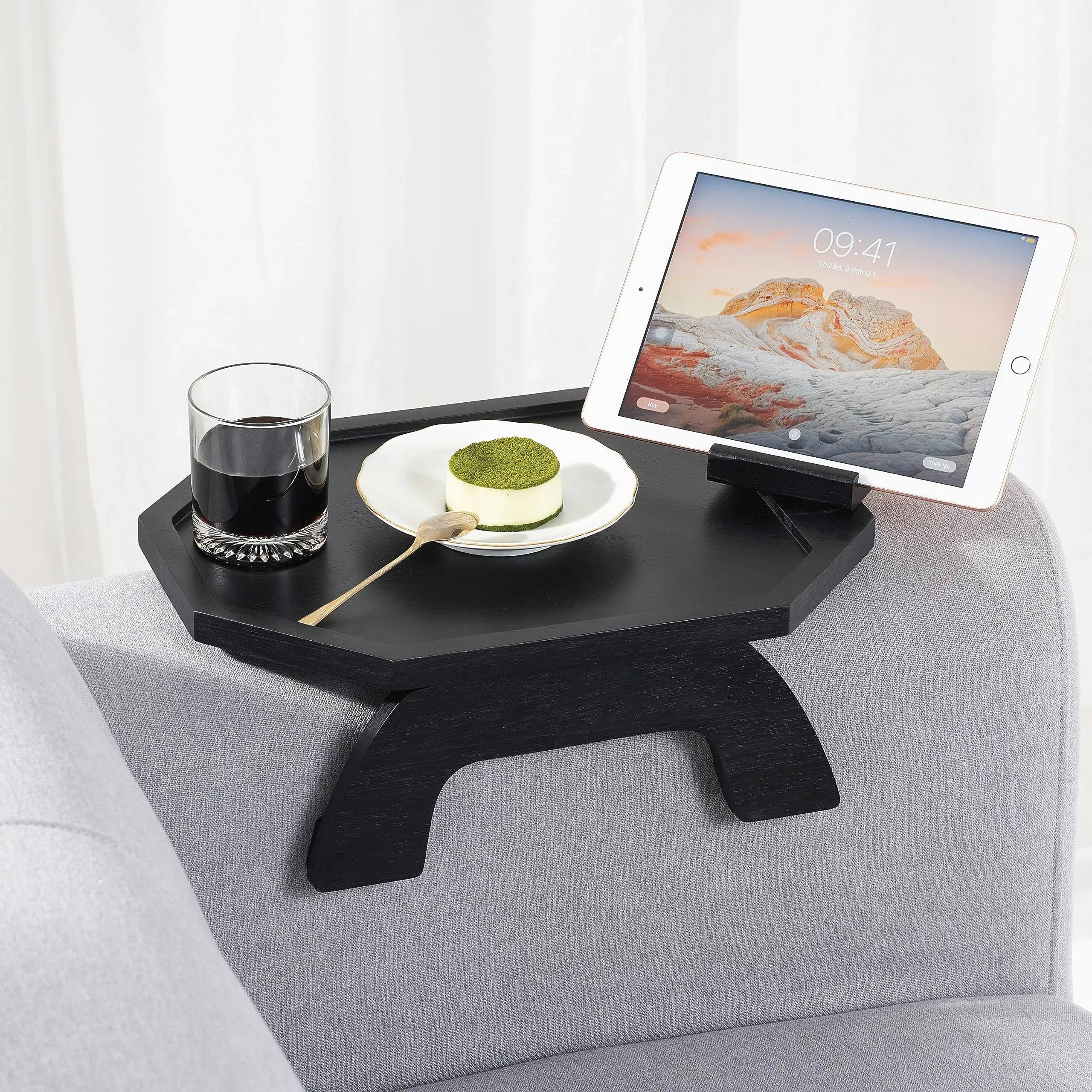 Sofa Arm Tray Table Clip, Sofa Tray Table for Couch 360° Rotating Phone Holder, 