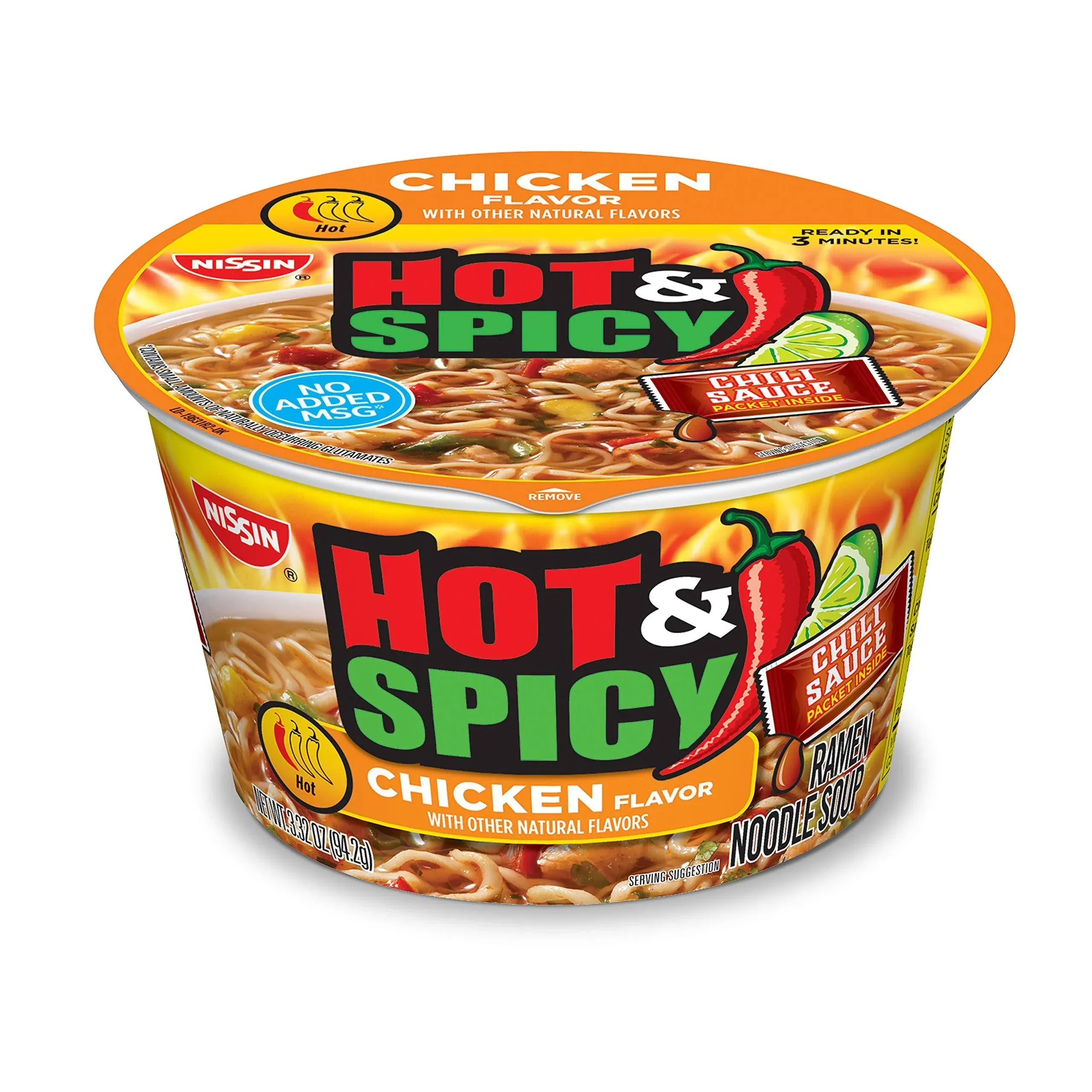 Nissin Hot & Spicy Noodle Bowl, Chicken, 3.32 oz, 18-count