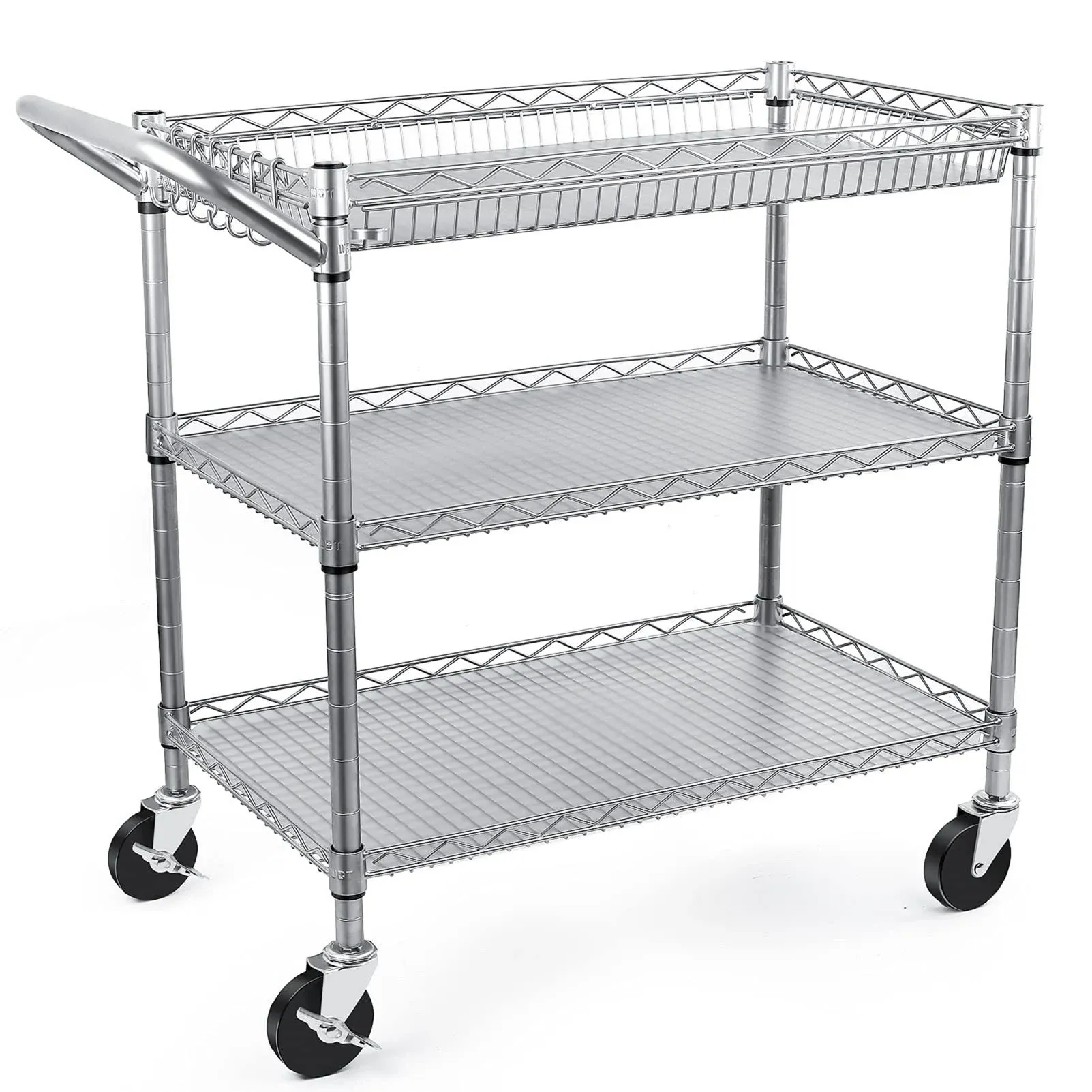 WDT Heavy Duty 3 Tier Rolling Utility Cart, Kitchen Cart On Wheels Metal Serving Cart Commercial Grade with Wire Shelving Liners and Handle Bar for 742253